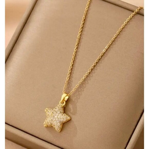 Jewelry - Gold Star Pendant Necklace Crystal Pave Celestial Dainty Layering Sparkle